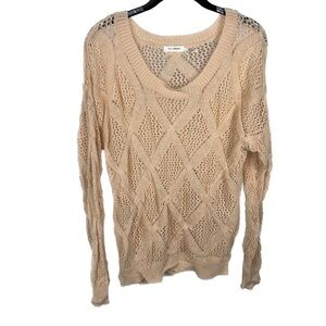 Blu Pepper Sweater Open Crochet Knit U-Scoop Neck Long Sleeve Top Pullover Shirt